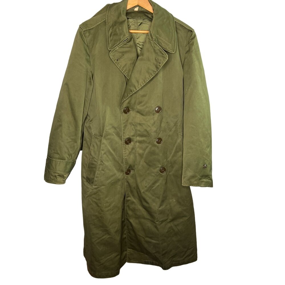 VTG US Army Korean War 1952 Olive Green Long OD-7 Field Trench Coat w/Liner Wool